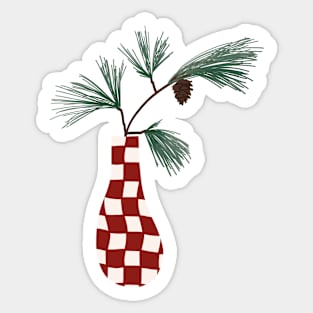 wavy abstract checkerboard vase with pine bough in red cranberry Sticker